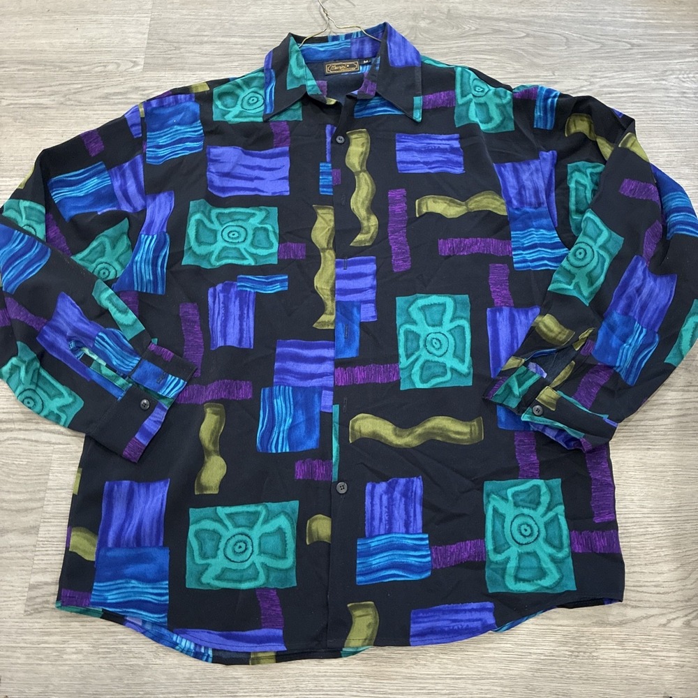 Vintage Black Monzini Geometric Floral Collage Button Up Silk Dress Shirt Size M